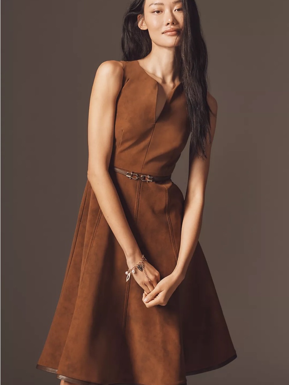 En Saison Brown Suede Sleeveless Fit-and-Flare Midi Dress
